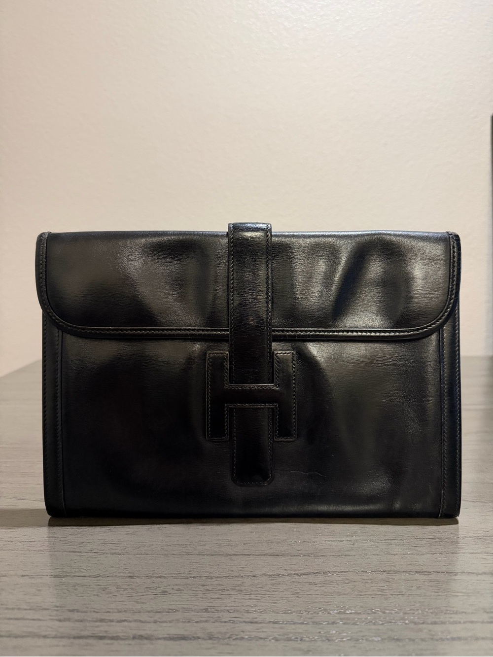 Hermes Black Leather Men's Clutch with Signature H Detail